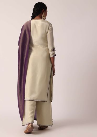 Purple Palazzo Set In Silk With Embroidered Kurta