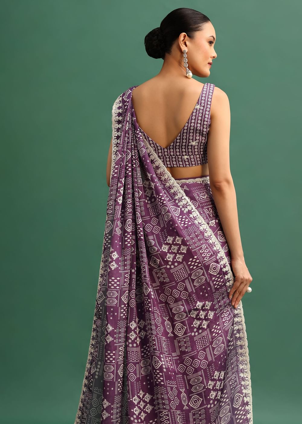 Purple Printed Satin Saree With Sequins Embroidered Border And Unstitched Blouse