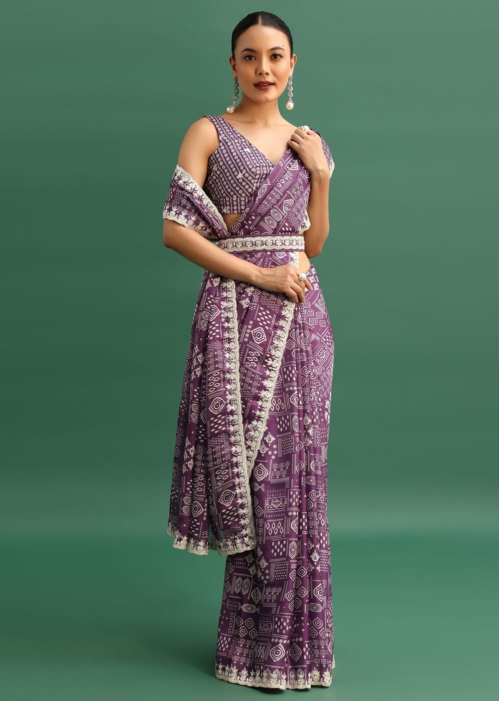 Purple Printed Satin Saree With Sequins Embroidered Border And Unstitched Blouse