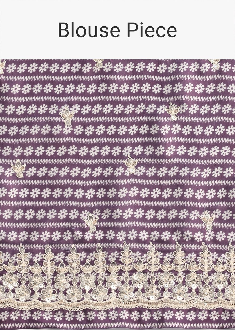 Purple Printed Satin Saree With Sequins Embroidered Border And Unstitched Blouse