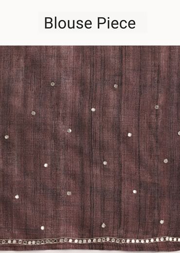 Purple Printed Tussar Silk Saree With Mirror Work And Unstitched Blouse