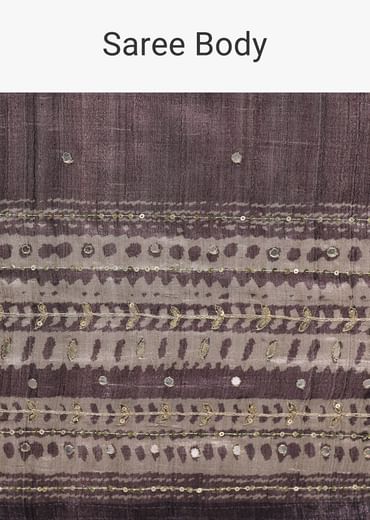 Purple Printed Tussar Silk Saree With Mirror Work And Unstitched Blouse
