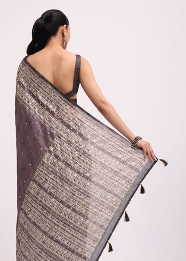 Purple Printed Tussar Silk Saree With Mirror Work And Unstitched Blouse