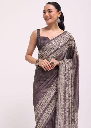 Purple Printed Tussar Silk Saree With Mirror Work And Unstitched Blouse