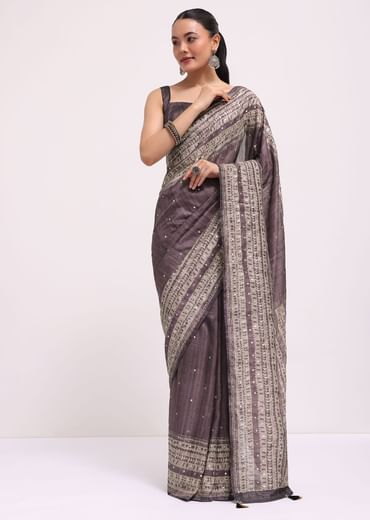Purple Printed Tussar Silk Saree With Mirror Work And Unstitched Blouse