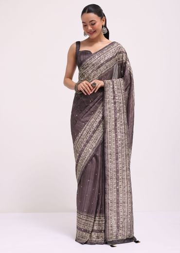 Purple Printed Tussar Silk Saree With Mirror Work And Unstitched Blouse