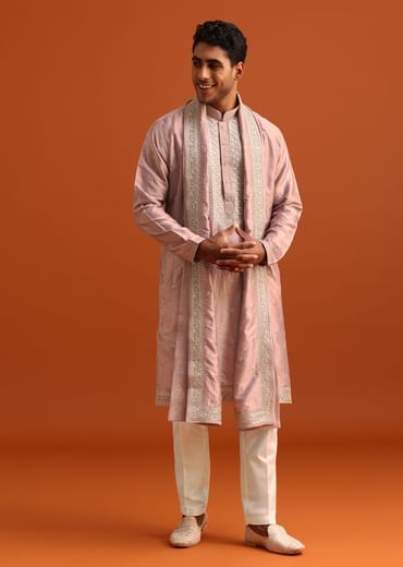 Purple Raw Silk Kurta Set With Thread Work Dupatta