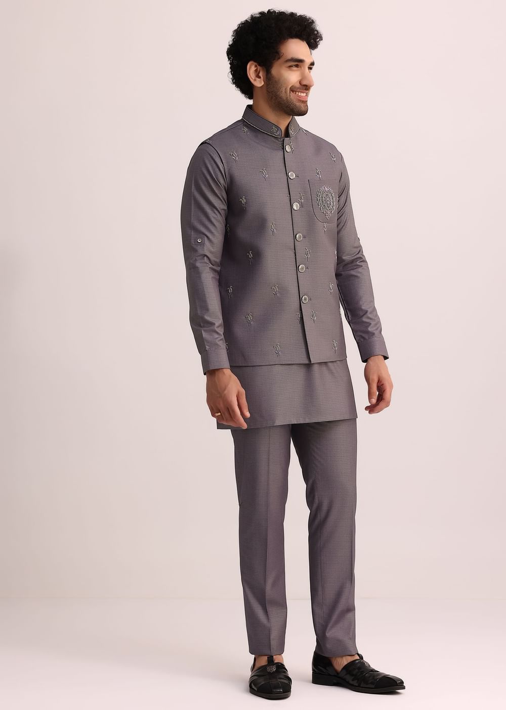 Purple Rayon Kurta Jacket With Mandarin Collar