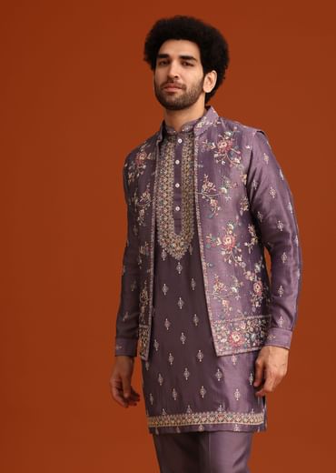 Purple Resham Work Kurta Jacket Set In Silk