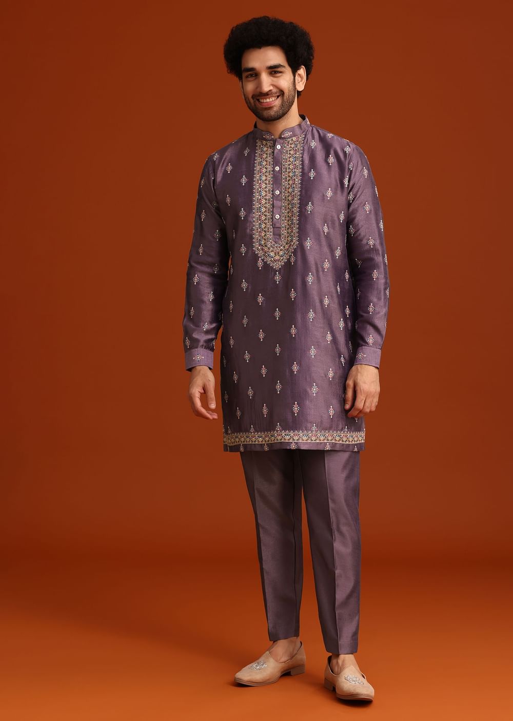 Purple Resham Work Kurta Jacket Set In Silk