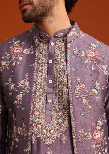 Purple Resham Work Kurta Jacket Set In Silk