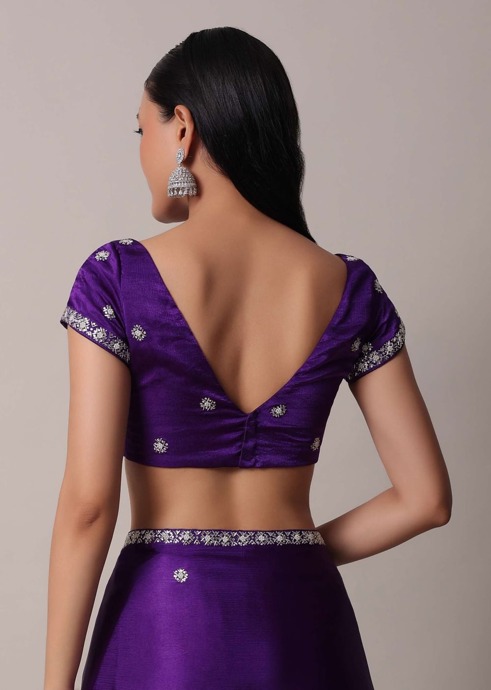 Purple Satin Chinon Saree With Stone Embellishments And Unstitched Blouse Piece