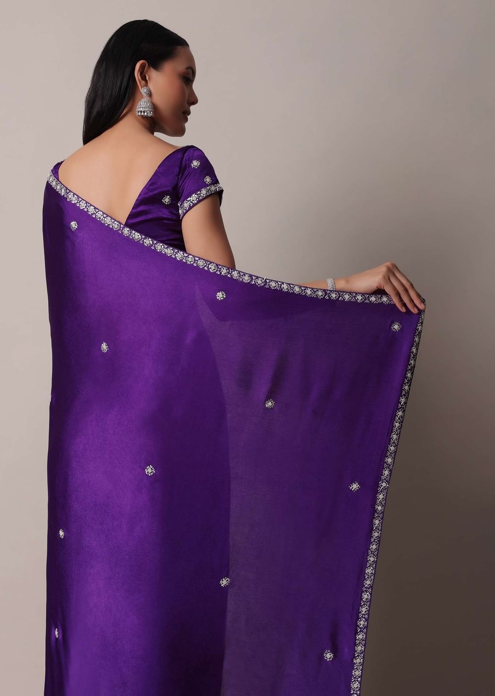 Purple Satin Chinon Saree With Stone Embellishments And Unstitched Blouse Piece