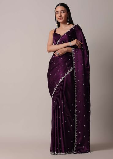 Purple Satin Chinon Saree With Stone Work And Unstitched Blouse Piece