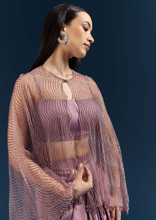 Purple Satin Crop Top And Drape Skirt With Embellishments