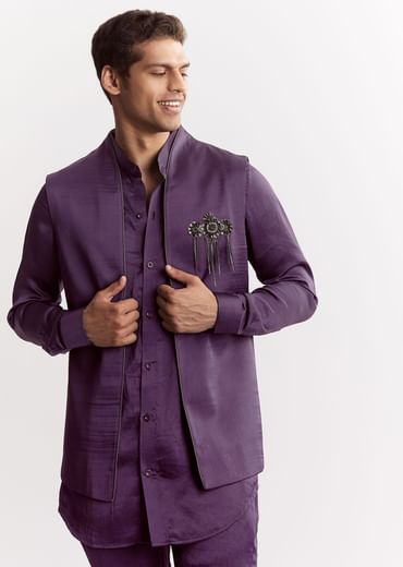 Purple Satin Jacket Kurta Set With Metal Embellishment