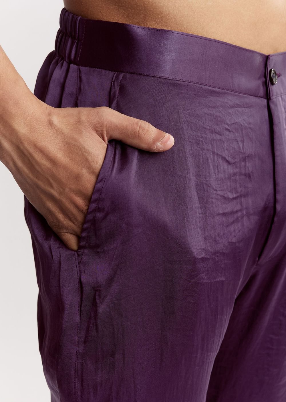 Purple Satin Jacket Kurta Set With Metal Embellishment