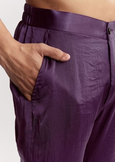 Purple Satin Jacket Kurta Set With Metal Embellishment