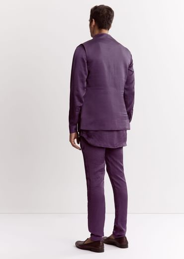 Purple Satin Jacket Kurta Set With Metal Embellishment