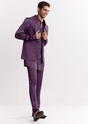 Purple Satin Jacket Kurta Set With Metal Embellishment