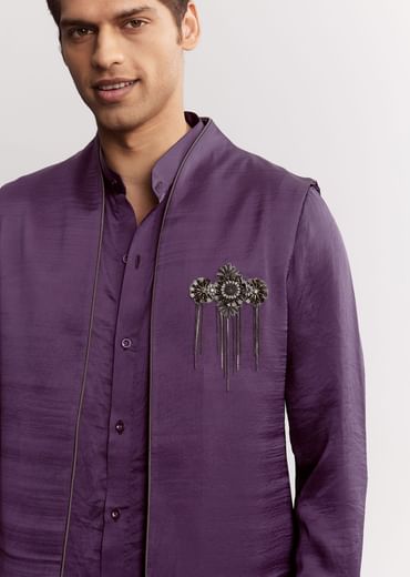 Purple Satin Jacket Kurta Set With Metal Embellishment