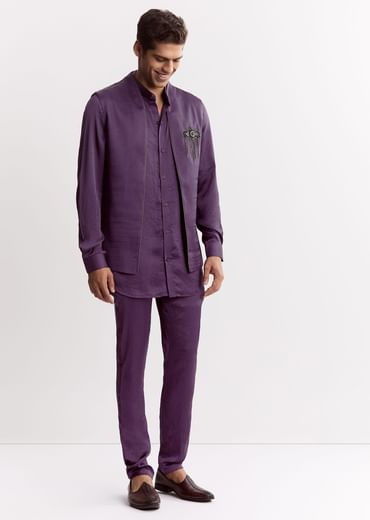 Purple Satin Jacket Kurta Set With Metal Embellishment