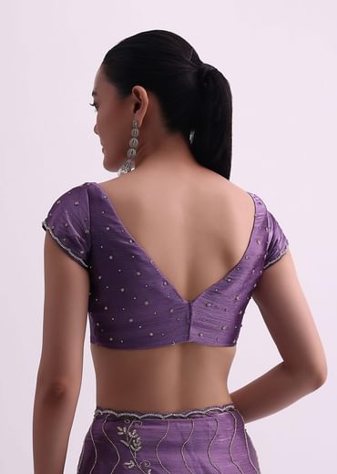Purple Satin Saree With Cutdana Embellishment And Unstitched Blouse Fabric