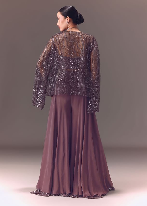 Purple Sequin Embellished Jacket And Palazzo Set Purple Sequin Embellished Jacket And Palazzo Set