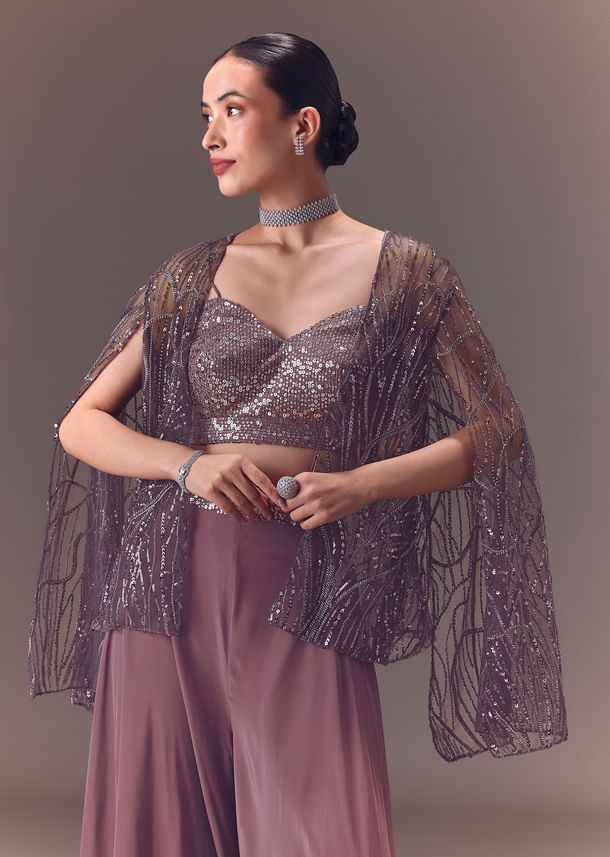 Purple Sequin Embellished Jacket And Palazzo Set Purple Sequin Embellished Jacket And Palazzo Set