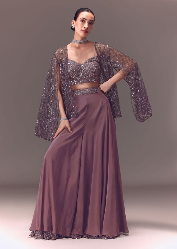 Purple Sequin Embellished Jacket And Palazzo Set Purple Sequin Embellished Jacket And Palazzo Set