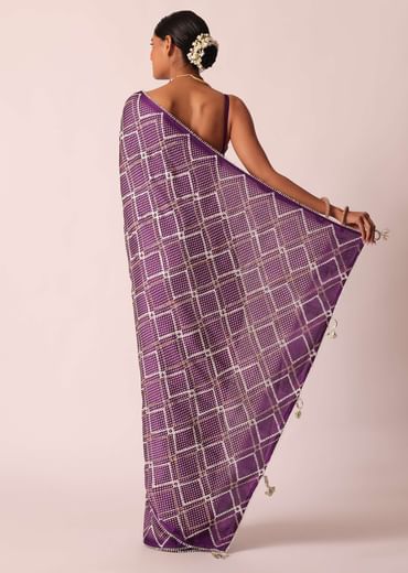Purple Silk Bandhani Print Saree With Gota Embroidery And Unstitched Blouse Piece