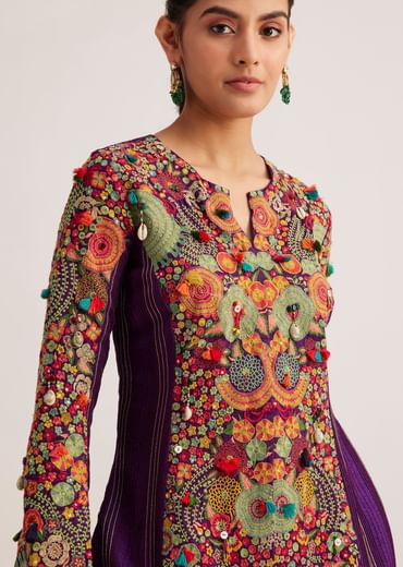 Purple Silk Kurta Palazzo Set With Resham And Zari Embroidery