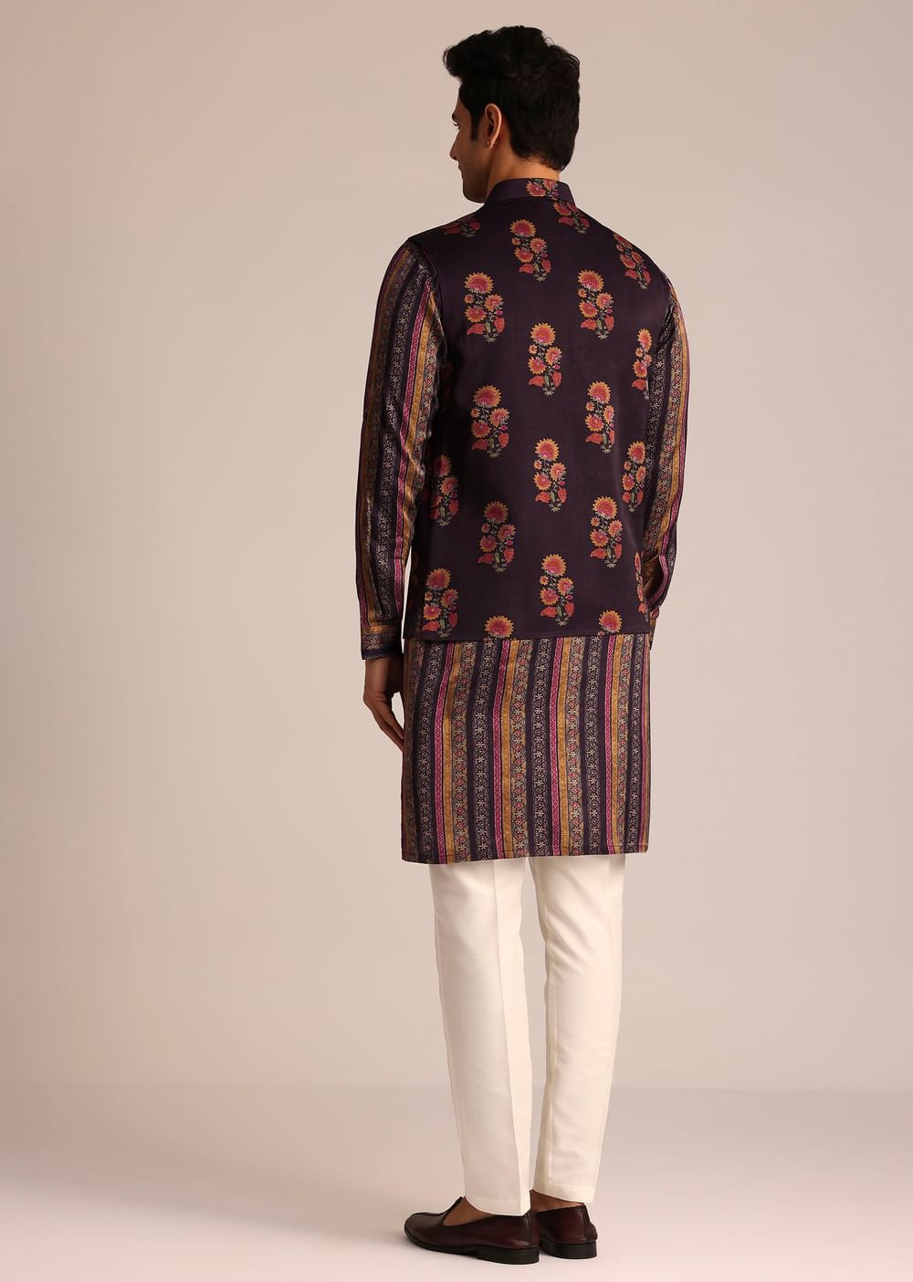 Purple Silk Kurta Set With Floral Embroidered Jacket