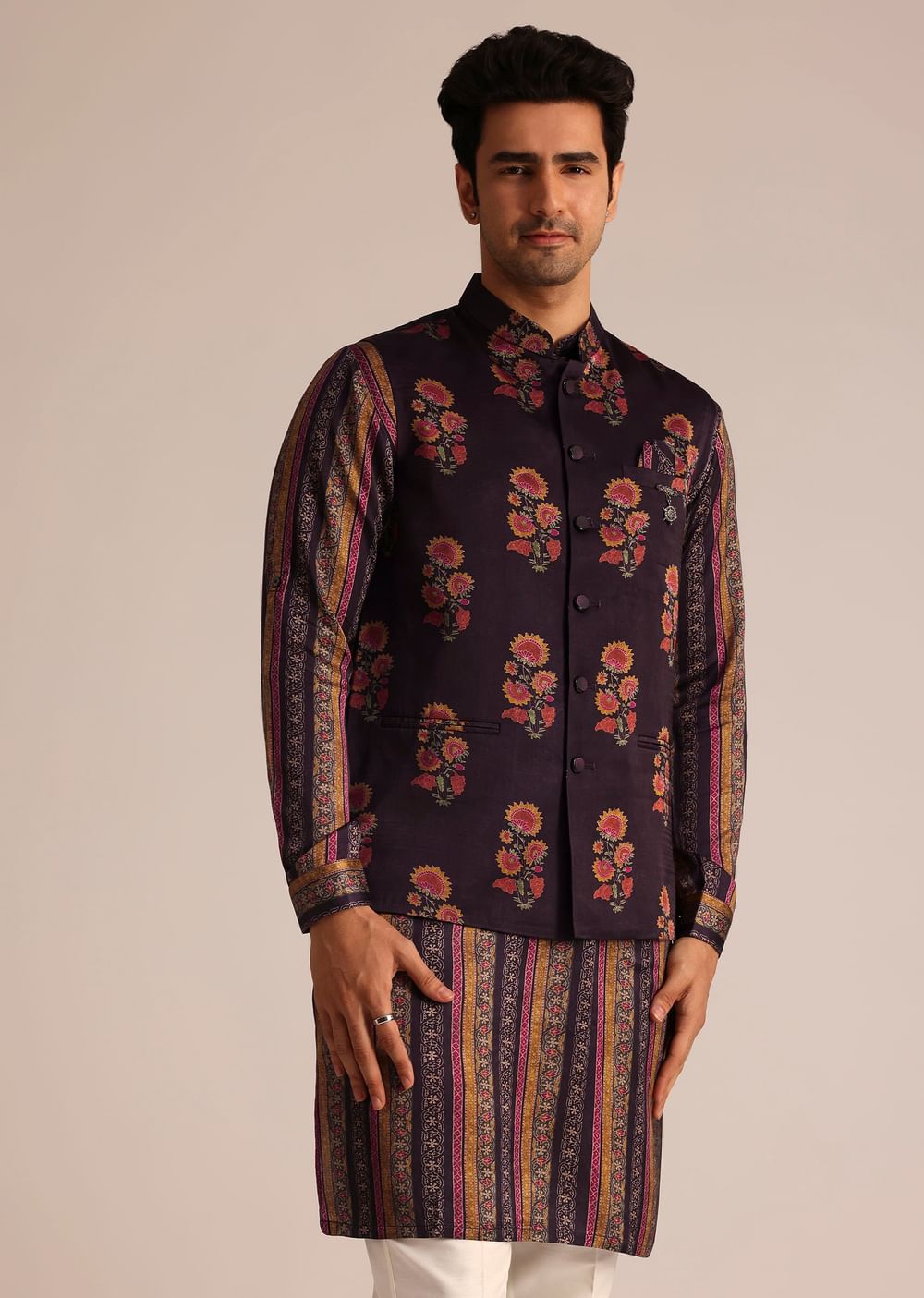 Purple Silk Kurta Set With Floral Embroidered Jacket