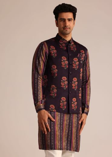 Purple Silk Kurta Set With Floral Embroidered Jacket