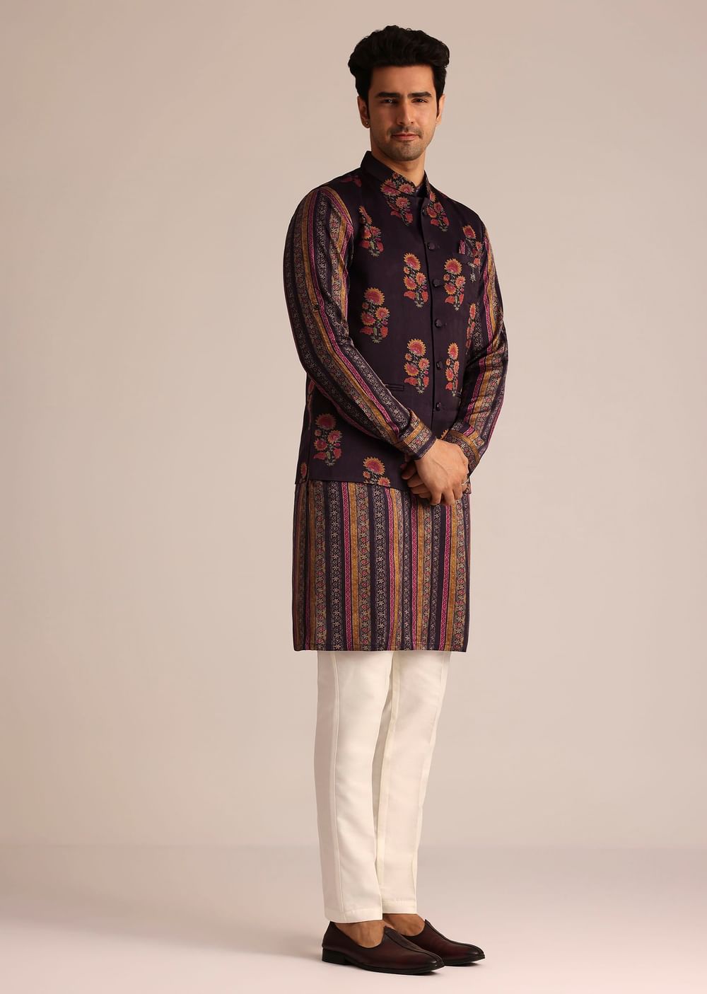 Purple Silk Kurta Set With Floral Embroidered Jacket