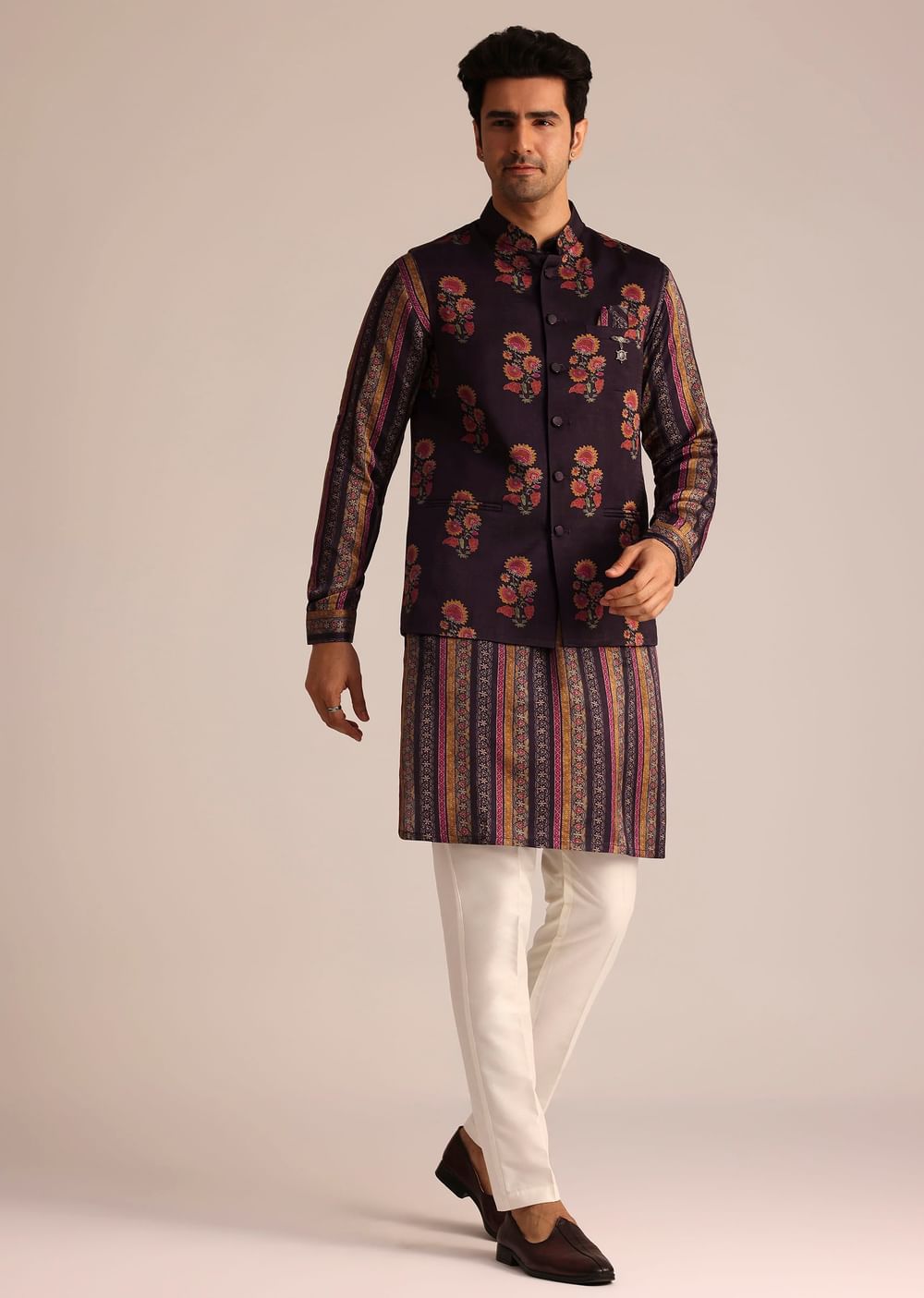 Purple Silk Kurta Set With Floral Embroidered Jacket