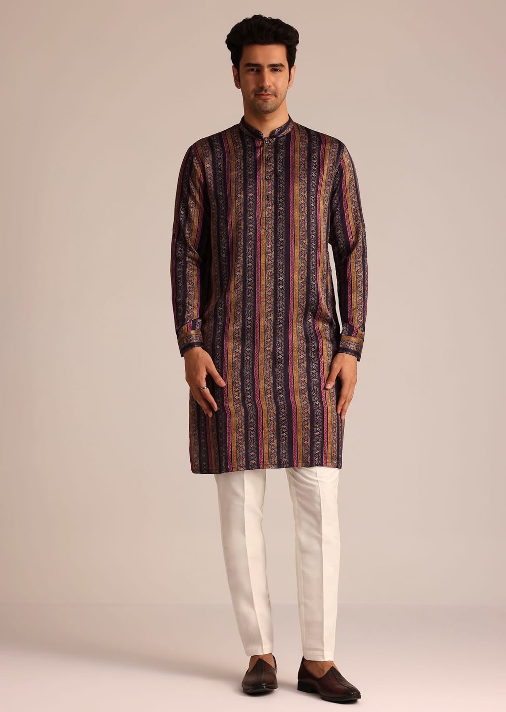 Purple Silk Kurta Set With Floral Embroidered Jacket