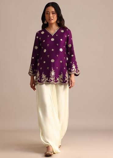 Purple Silk Mirror Embroidered Kurta Dhoti