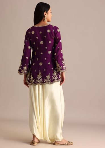 Purple Silk Mirror Embroidered Kurta Dhoti