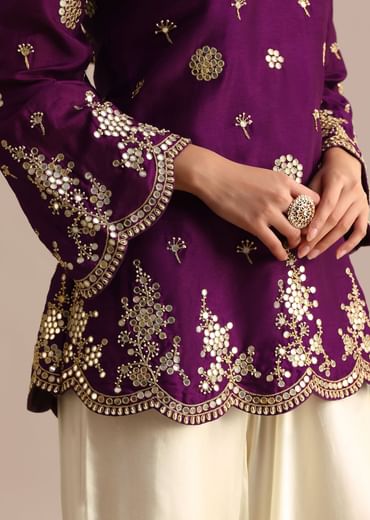 Purple Silk Mirror Embroidered Kurta Dhoti