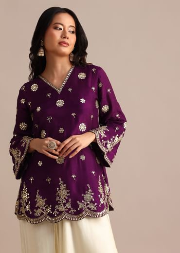 Purple Silk Mirror Embroidered Kurta Dhoti