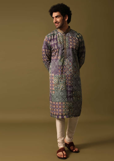 Purple Silk Printed Kurta Pyjama For Men