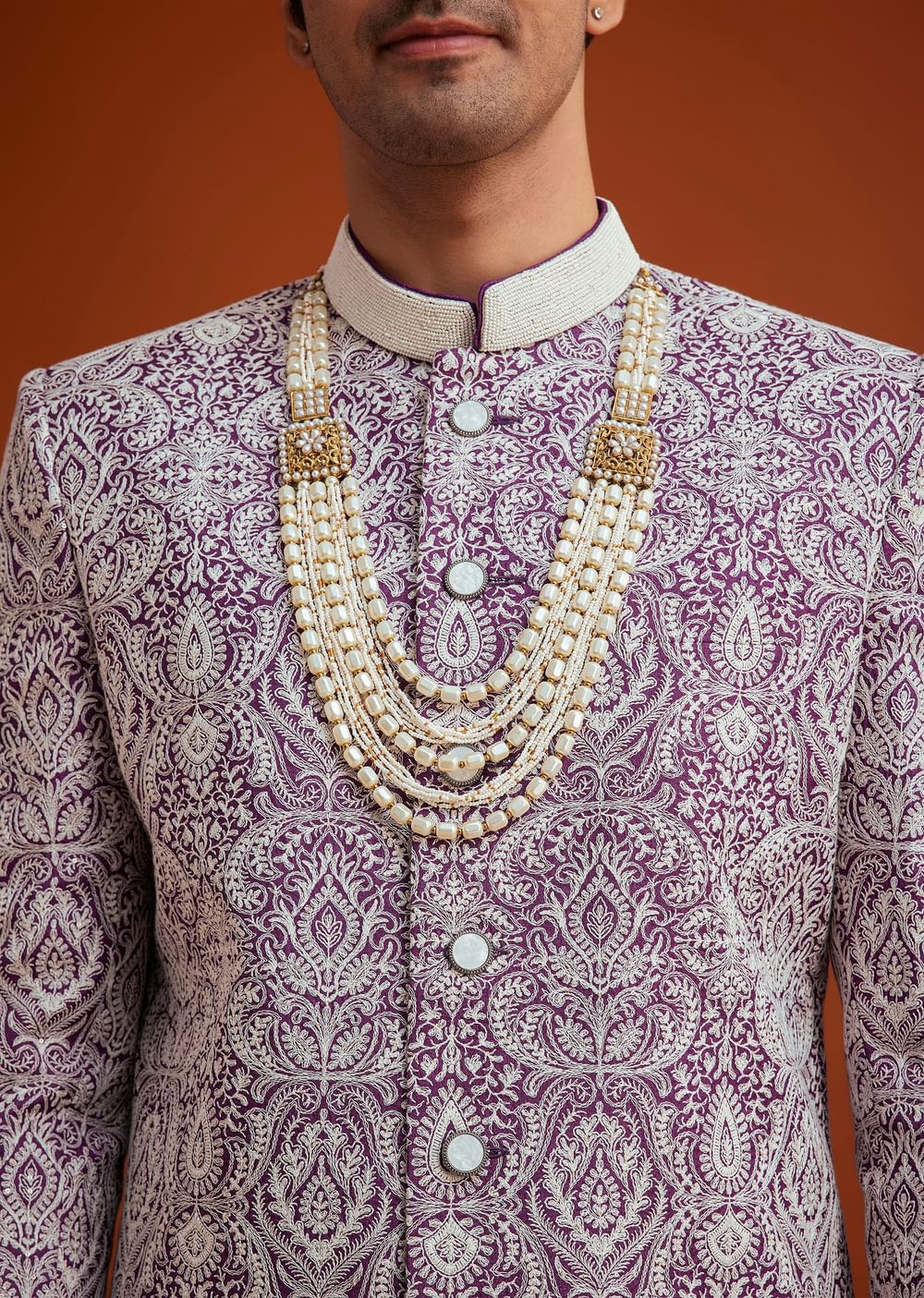 Purple Silk Sherwani Set With Bead Work