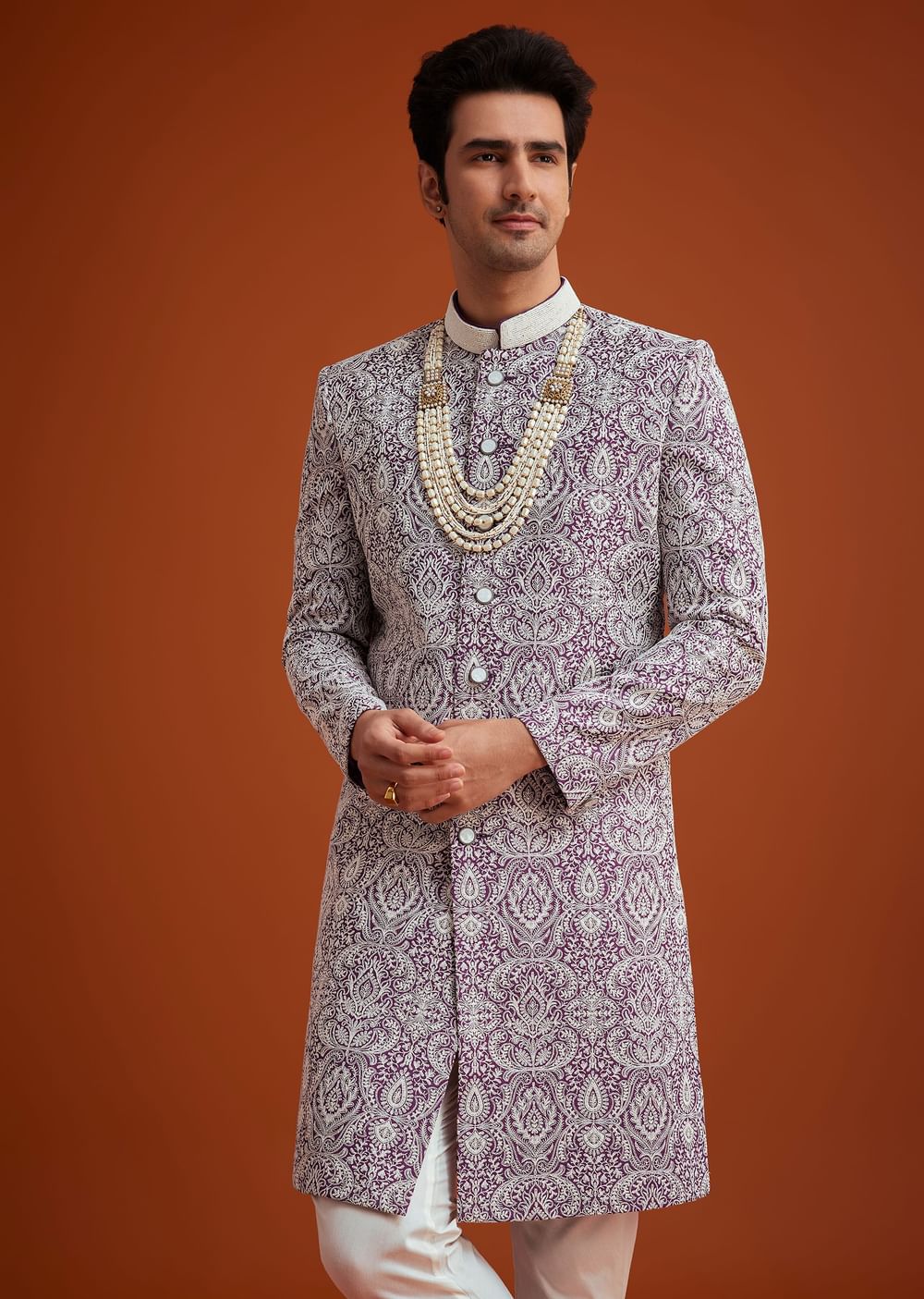 Purple Silk Sherwani Set With Bead Work