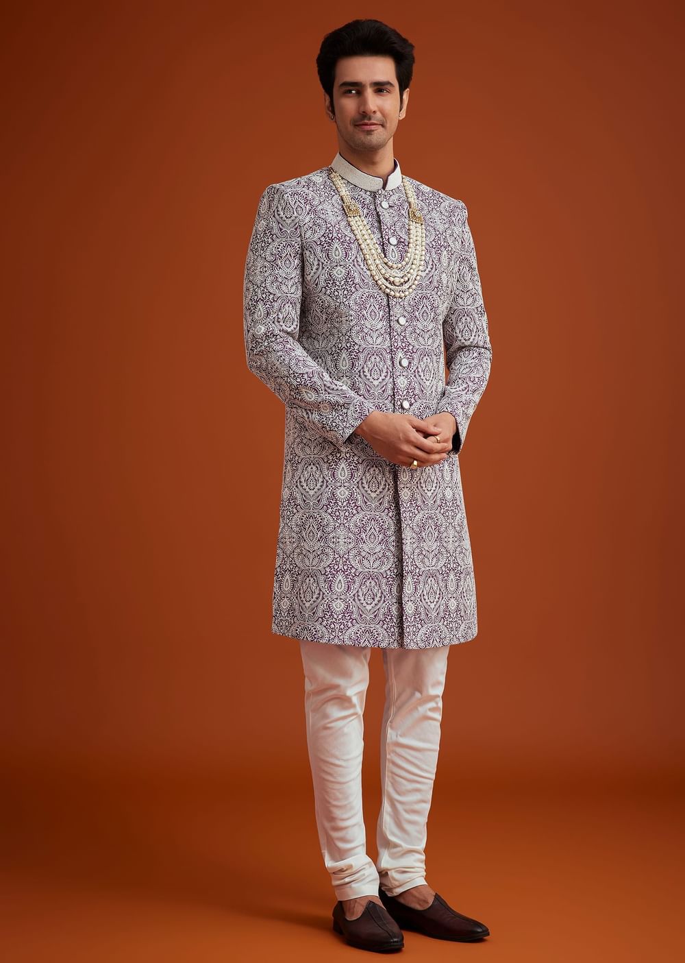 Purple Silk Sherwani Set With Bead Work