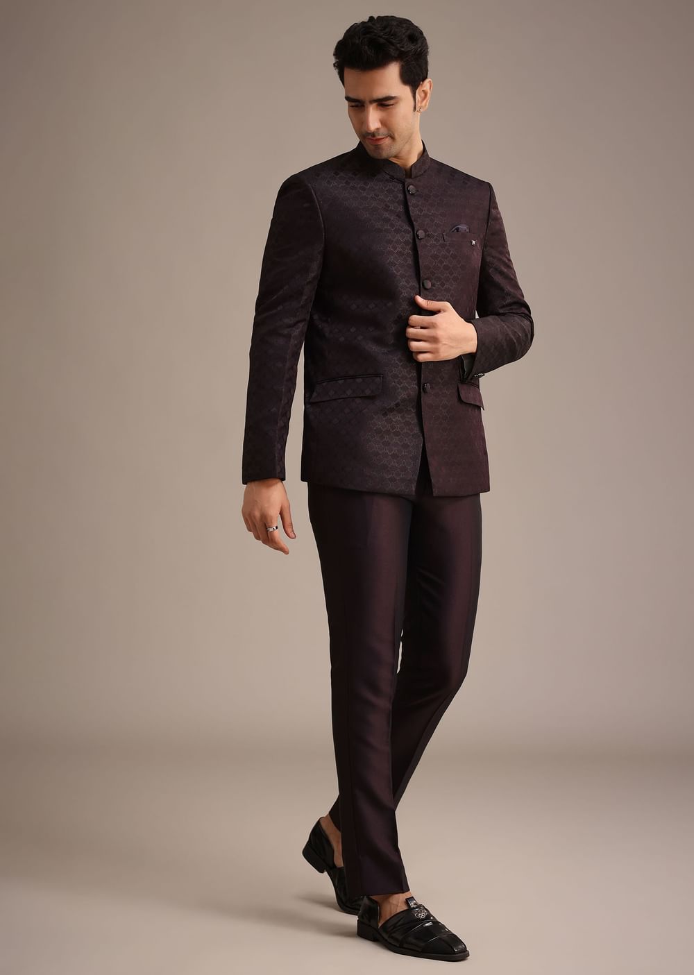 Purple Viscose Jodhpuri Set With Pocket Square