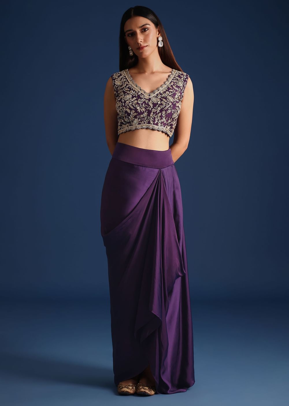 Purple Zardozi Work Jacket With Crop Top And Skirt