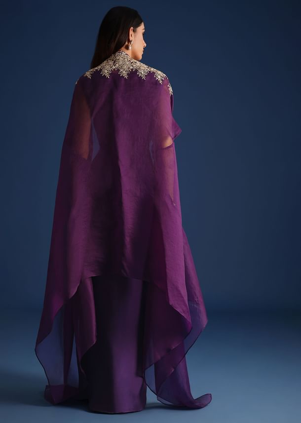 Purple Zardozi Work Jacket With Crop Top And Skirt