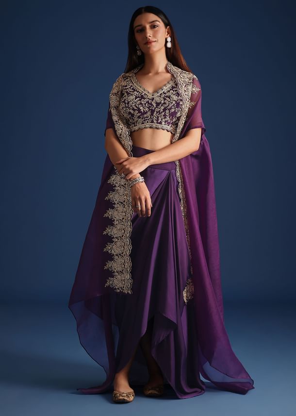 Purple Zardozi Work Jacket With Crop Top And Skirt